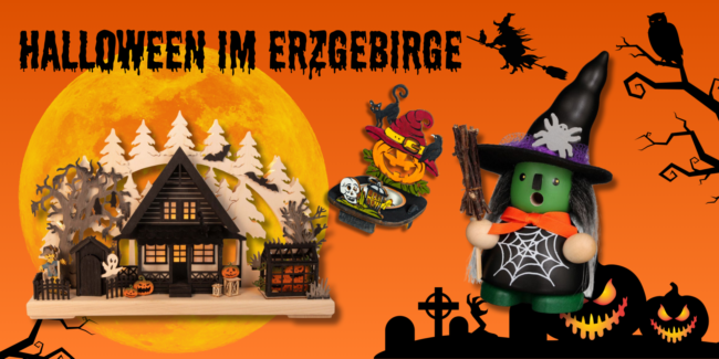 annaberger-Internet - Ihr digitaler Partner im Erzgebirge Halloween im Erzgebirge – Erzgebirgische Holzkunst im Halloween-Design mit Räuchermann-Hexe und Grusel-Schwibbogen