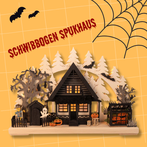 annaberger-Internet - Ihr digitaler Partner im Erzgebirge Schwibbogen Spukhaus: Beleuchteter Holz-Schwibbogen im Halloween-Design mit Spukhaus, Kürbissen, Gespenst und Bäumen